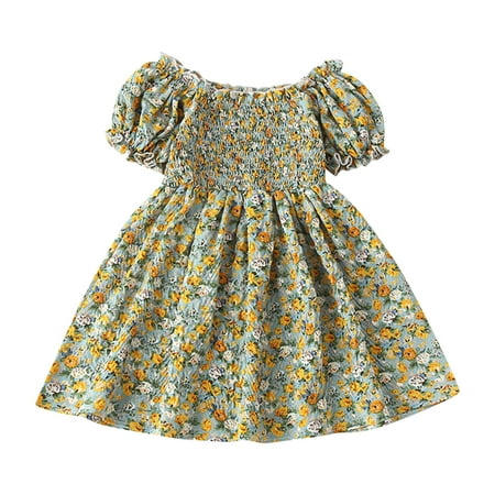 

GWAABD Modern Fitted Dress for Girls Green Cotton Blend toddler Girls Dress Short Sleeve Flower Skirt Bow Cute Sweet Fashion Dress Princess Dress 100