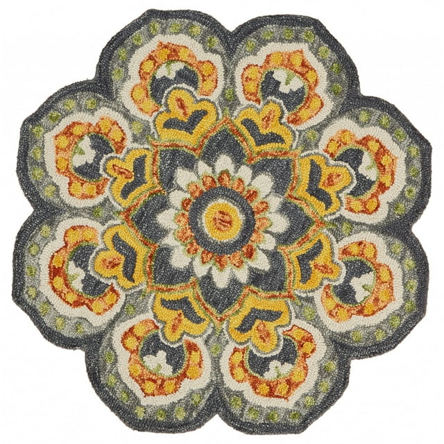 homeroots home decor 393660 6’ Round Gray and Gold Floret Area Rug