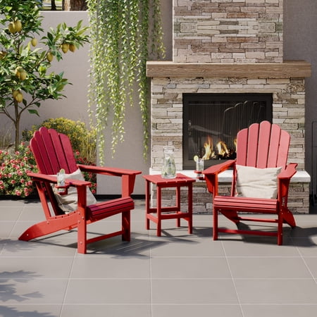 WestinTrends Highland 3-Piece Outdoor Patio HDPE Adirondack Chair With Cup Holder and Table Set Red