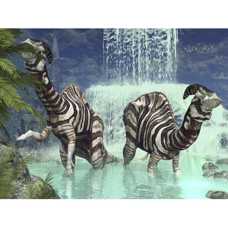 A pair of Parasaurolophus feed on flora near a waterfall Poster