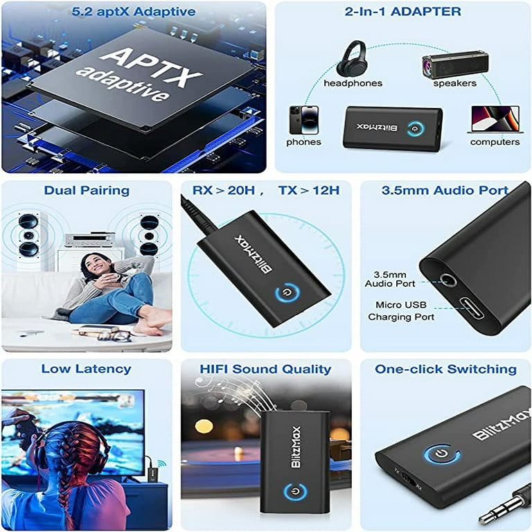 Bluetooth Transmitter Receiver Wireless Adapter: 3.5mm Aux Jack Stereo  Audio Input Output - for TV Car Headphone Speakers iPhone PC