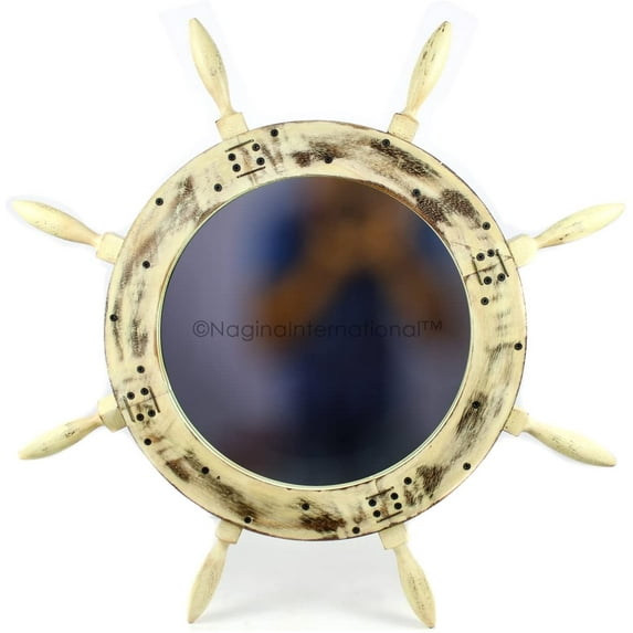 Wooden Ship Wheel Mirror (Wires & Screws) (16 Inches, Rustic Yellow)