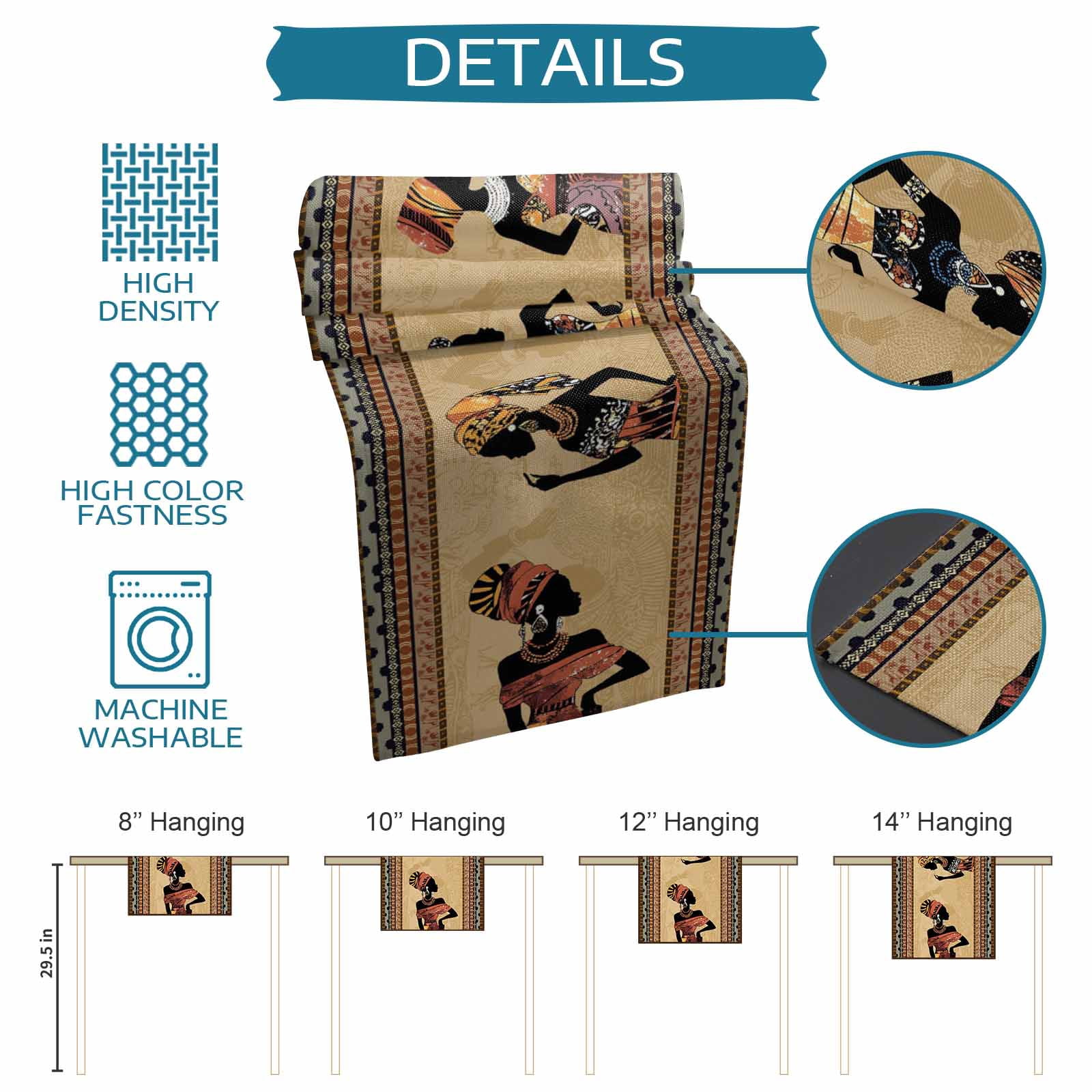 African Black Women Table Runner 72 Inches, Boho Ethnic Tribe Vintage Brown Bed Runner Dresser Scarves Tabletop for Indoor Outdoor Parties/Ceremony/Banquet, 16" x 72"