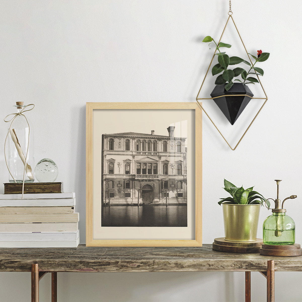 Vintage Views of Venice I - Framed Print w/glass - Natural Wood