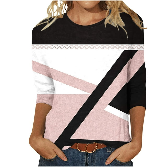 FAIWAD Womens 3/4 Sleeve Tops Round Neck Spring Trendy Tunic Tops Color Block Loose Pullover Tops