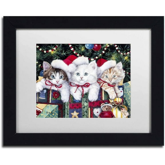 Trademark Fine Art 'Meowy Christmas' Canvas Art by Jenny Newland, White Matte, Black Frame