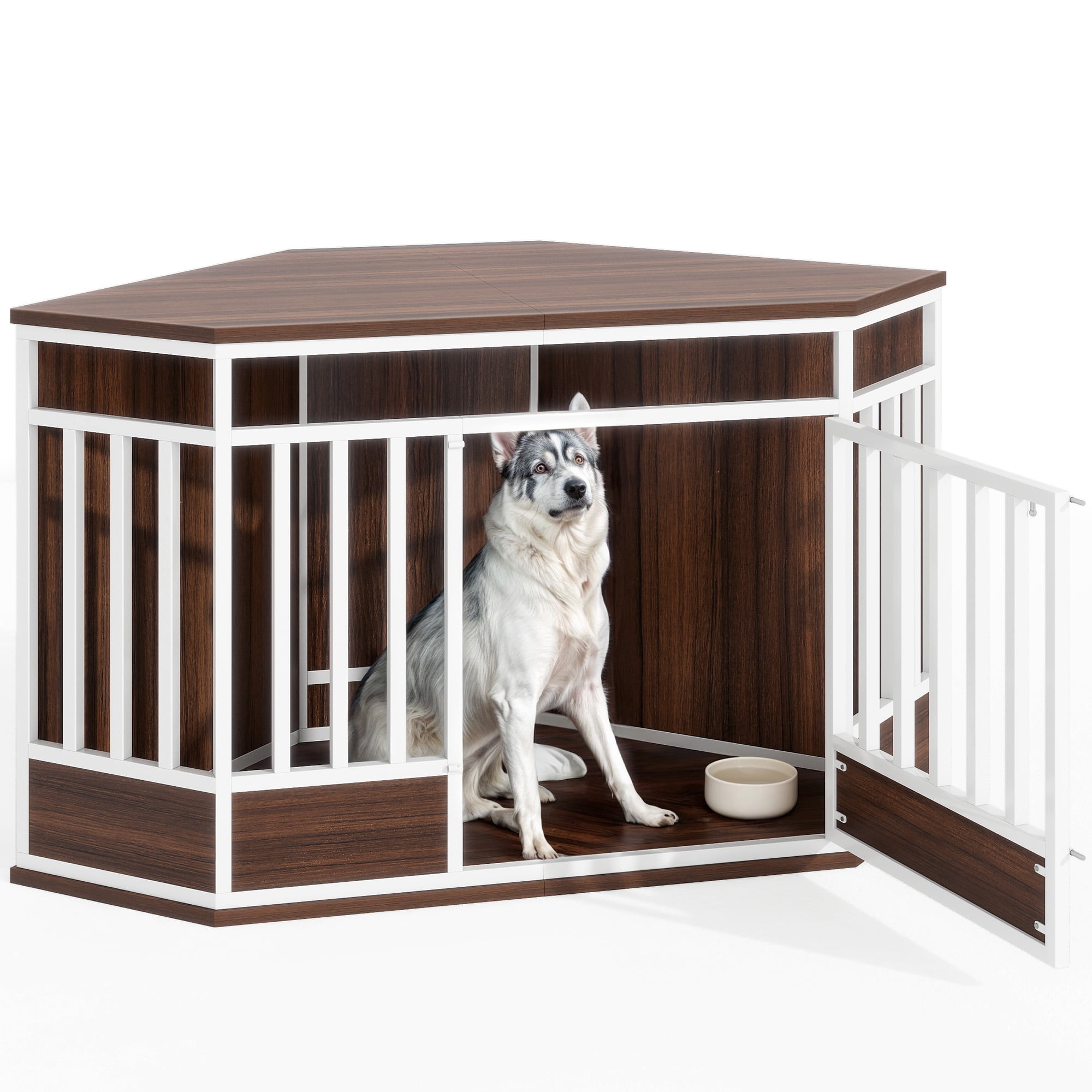 Uforic 52 Inch Heavy Duty Corner Dog Crate Furniture, Large Wooden Dog Kennel End Table for Large Dogs - White & Walnut