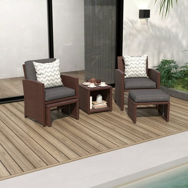 OC Orange-Casual 5-Pcs Patio Conversation Set, Balcony Furniture Set with Cushions, Brown Wicker Chair with Ottoman & Storage Table, Dark Gray