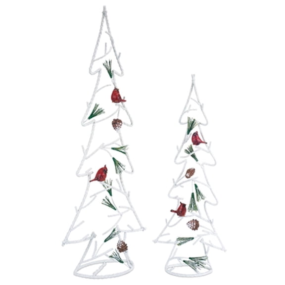 Melrose Set of 2 White and Red Christmas Trees with Cardinal Birds Tabletop Decors 30"