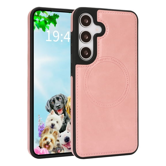 For Samsung Galaxy S24 FE Phone Case,Ultra Slim Anti-Scratch PU Leather Back TPU Bumper Hybrid Protection,Compatible with Mag-Safe,Shockproof Anti-Falle Thin Fit Durable Phone Case,Pink