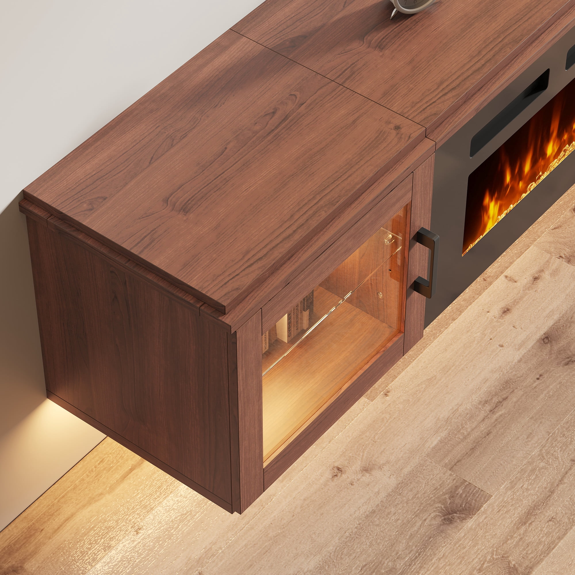 BaPiPro 70" Floating TV Stand for TVs up to 80", Wall Mounted Entertainment Center with 36" Electric Fireplace Heater, LED Lights, Brown