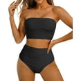 thumbnail image 4 of High Waisted Bandeau Bikini Set - Women Strapless Two Piece Swimsuits Ribbed Longline Full Coverage Bathing Suits Swimwear, 4 of 9