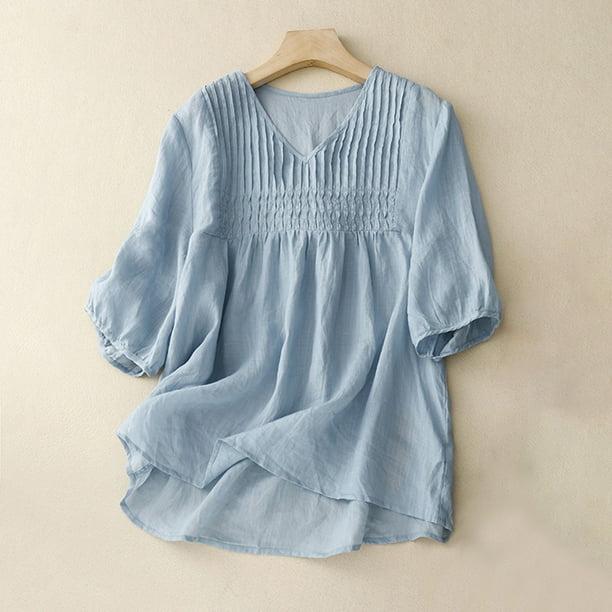 Womens Cotton Linen Button T Shirt Ruffles Sleeves Blouse Ladies Solid Tops  Tee/