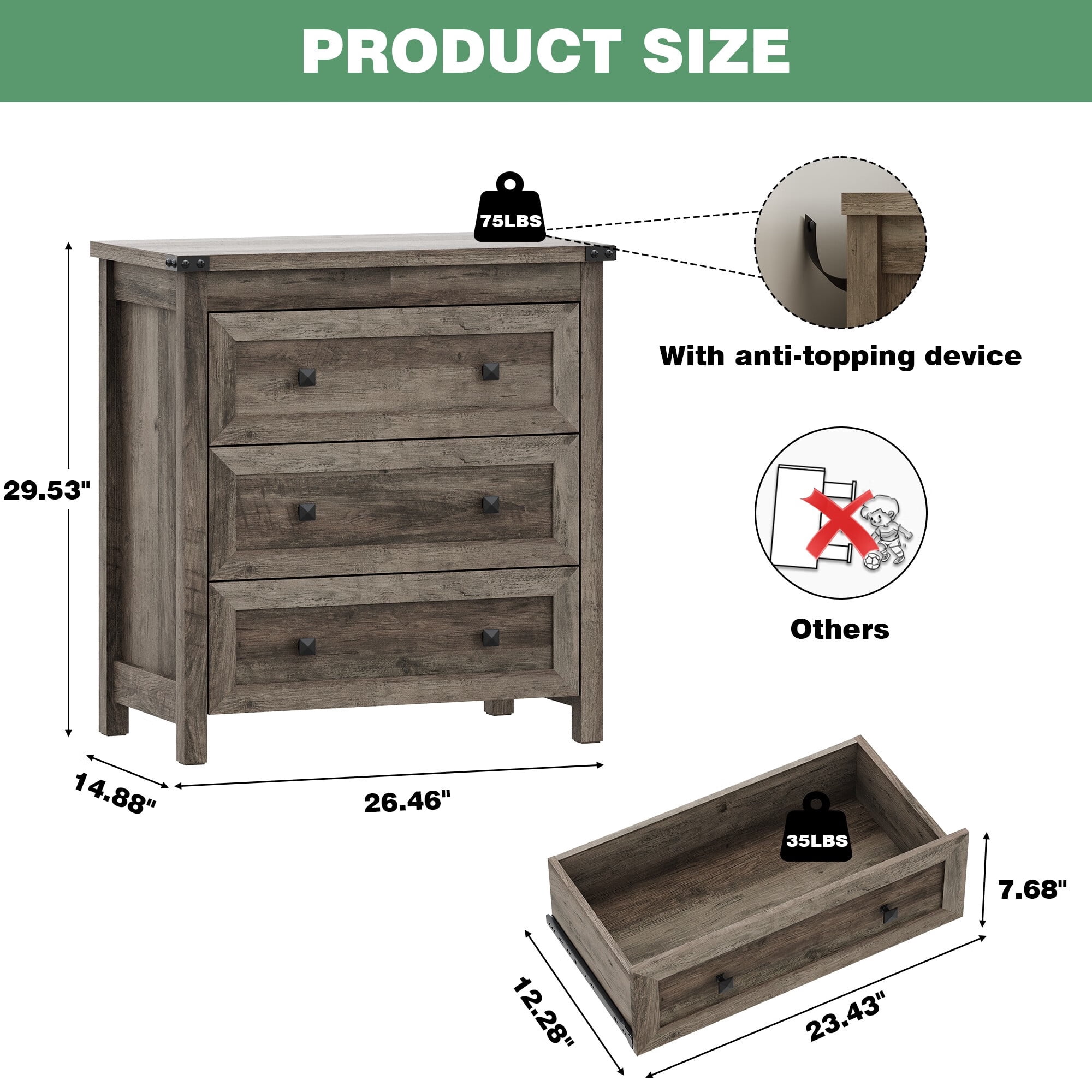 FANRAL 3 Large Drawer Nightstand,29.5" Tall Night Stand,27.5" Wide Side Table,Wood Bedside Table Modern End Table,Small Wide Dresser for Bedroom,Gray Nightstand