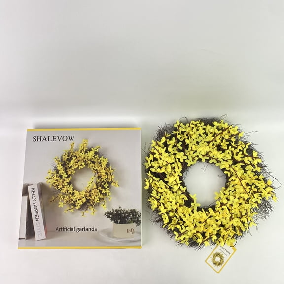 SHALEVOW Artificial garlands,Spring Wreath with Forsythia Flowers, Yellow Daisies and Lavender Green Leaves - Artificial Silk Floral Wreath for Front Door or Wall - 21 Inches