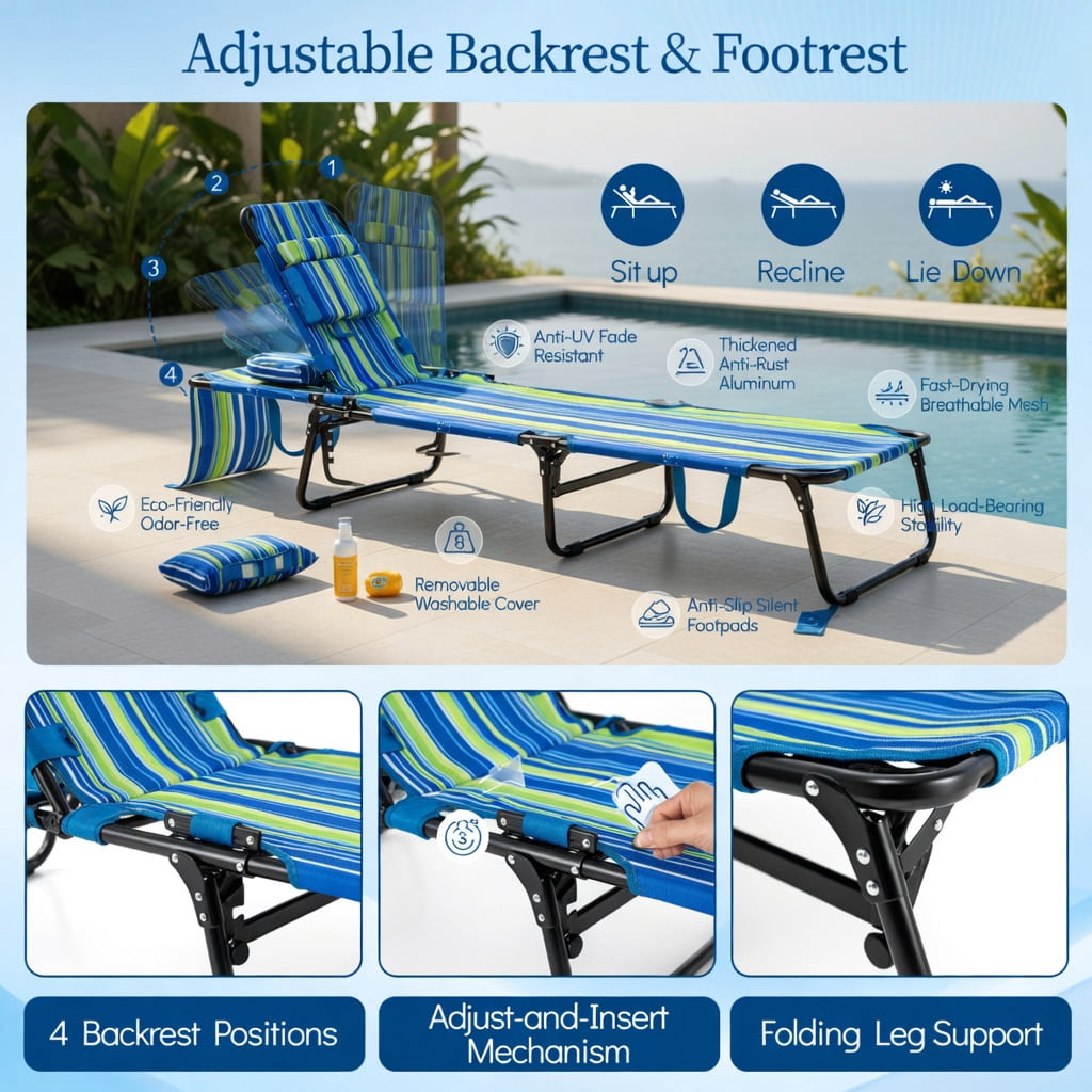 Hommoo Adjustable Beach Chaise Lounge Chair with Face Hole, Removable Pillows & Foldable Design, Blue Stripe
