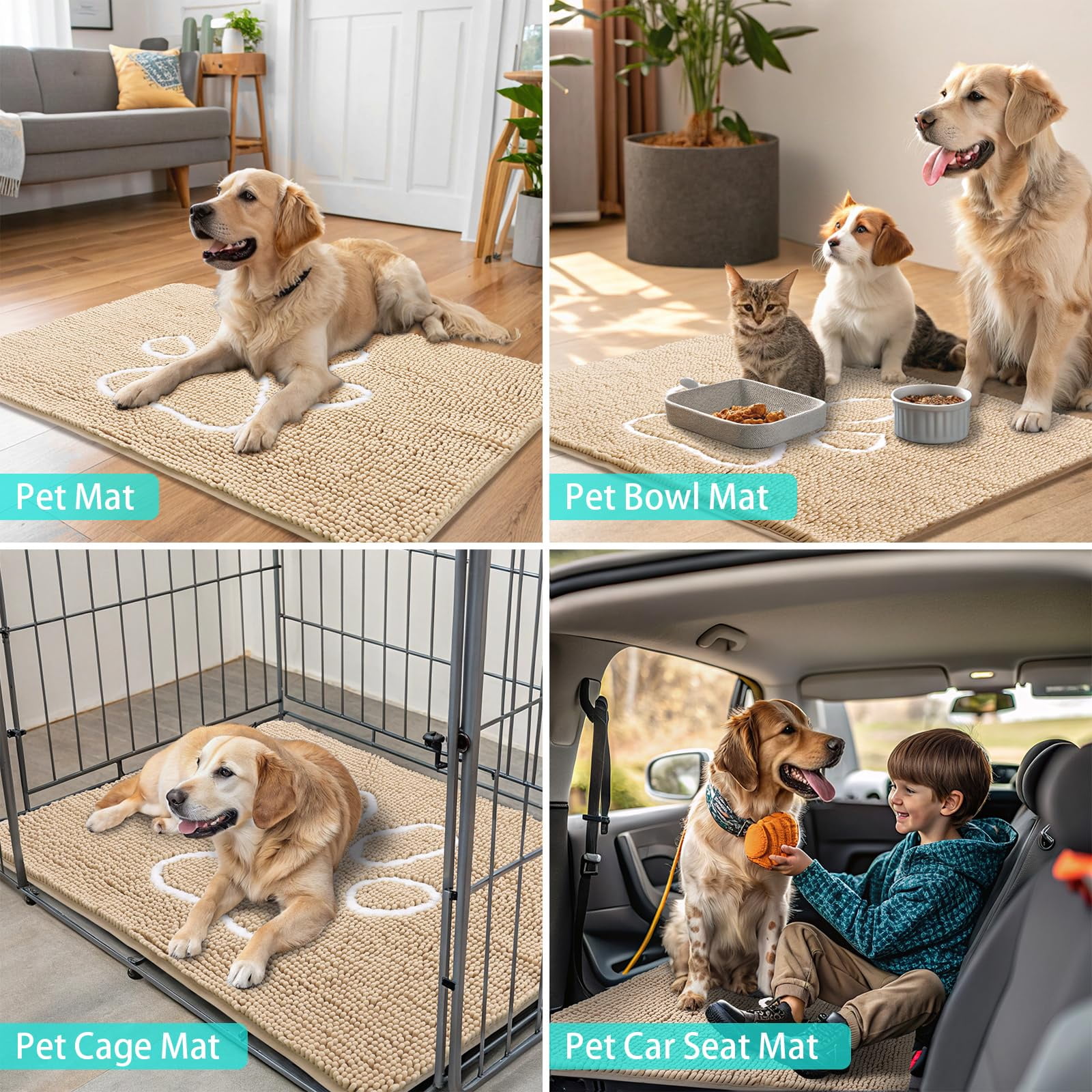 Buganda Dog Door Mats for Muddy Paws, Washable Dirt Trapper Front Door Rugs, Non-Slip Absorbent Chenille Indoor Doormats(36"x24", Beige)