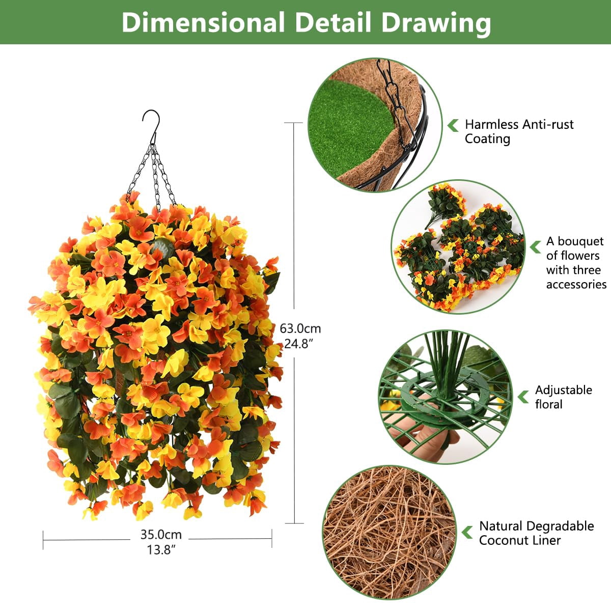 Artificial Hanging Flowers Basket for Outdoors Spring Decoration,Faux Silk Begonia in Planter UV Resistant