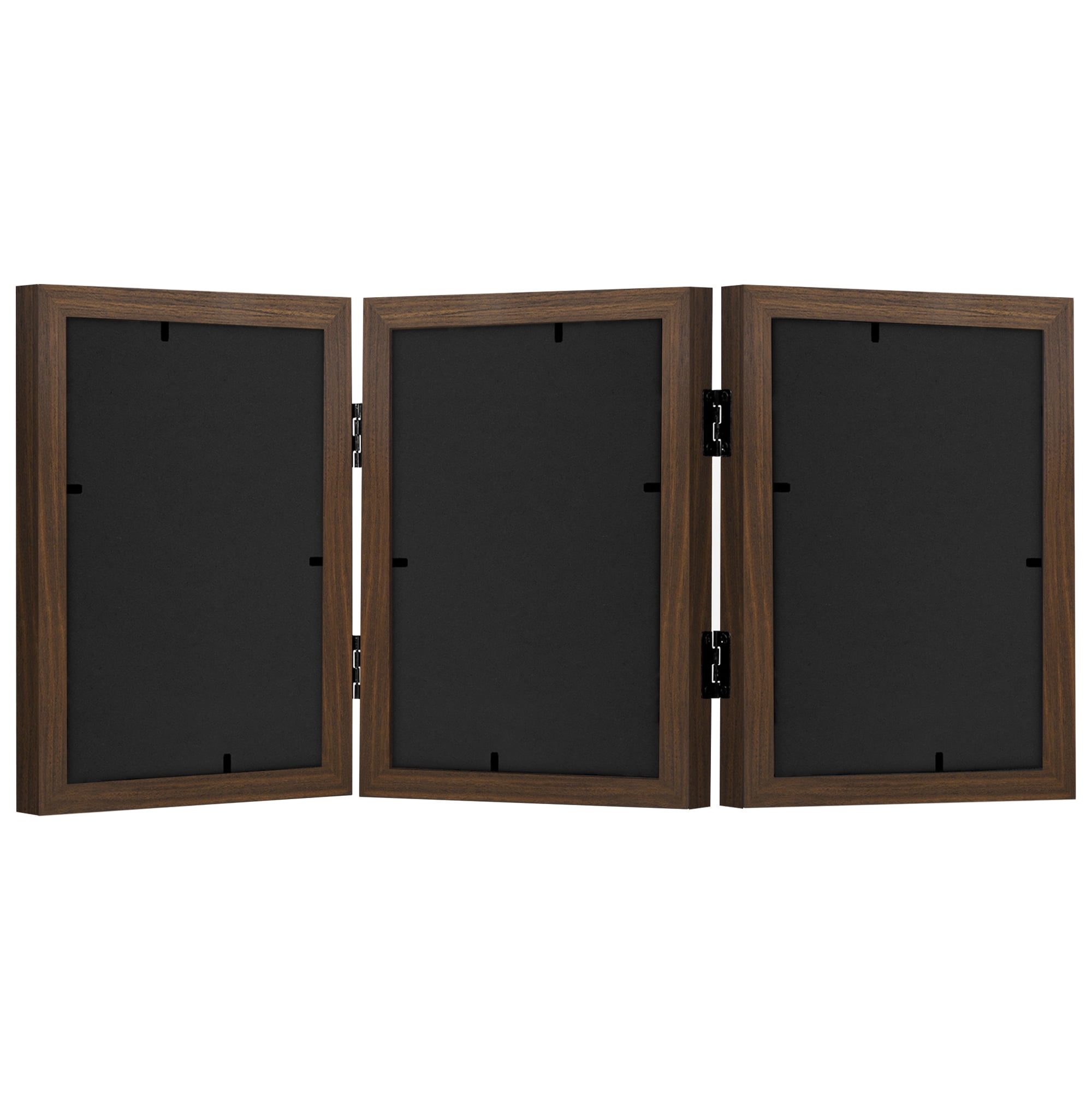 Americanflat Hinged 3 Photo Frame in Walnut MDF - Desk Photo Frame for 5X7" Photos - Tri Folding Picture Frame For Desk - Displays 3 Photos with Shatter-Resistant Glass Covers 5x7 Triple Fold Walnut