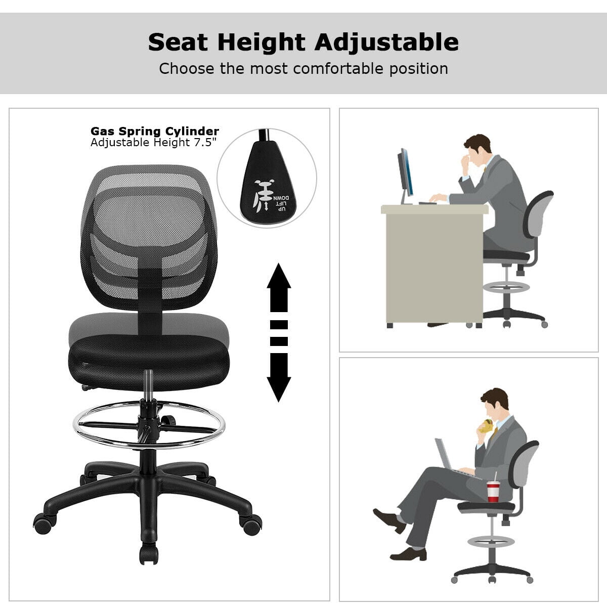 Gymax Mesh Drafting Chair Mid Back Office Chair Adjustable Height w/Footrest Armless