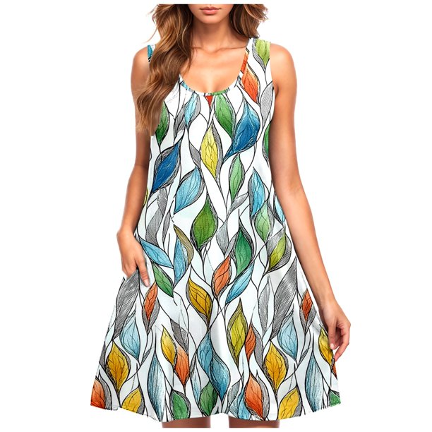 Vestido Casual de las Mujeres sin Mangas en Gradiente Cuello de Tripulación, Vestido Ligero de Primavera Y Verano de Poliéster