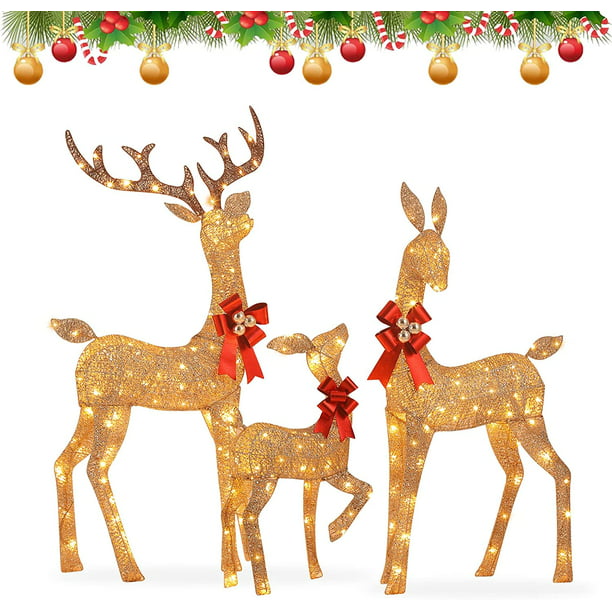 Large 3-Piece Lighted Christmas Deer Family Set Outdoor Yard Decoration  with LED Lights，Glove Stakes Zip Ties - （Gold）