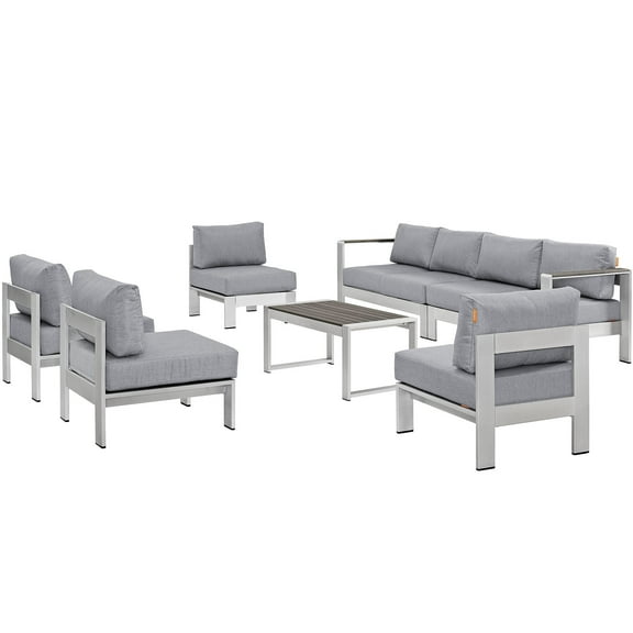 Modern Contemporary Urban Design Outdoor Patio Balcony Seven PCS Sectional Sofa Set, Grey Gray, Aluminum