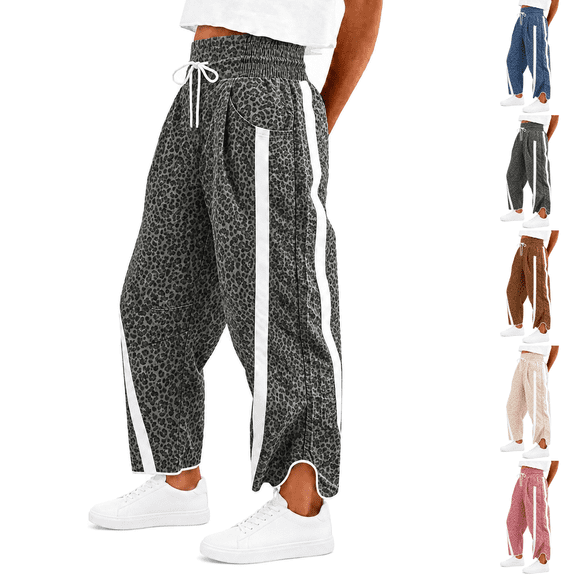 Women'S Printed Wide Leg Athletic Pants Elastic High Waist With Drawstring Loose Fit Striped Side Casual Joggers With Pockets