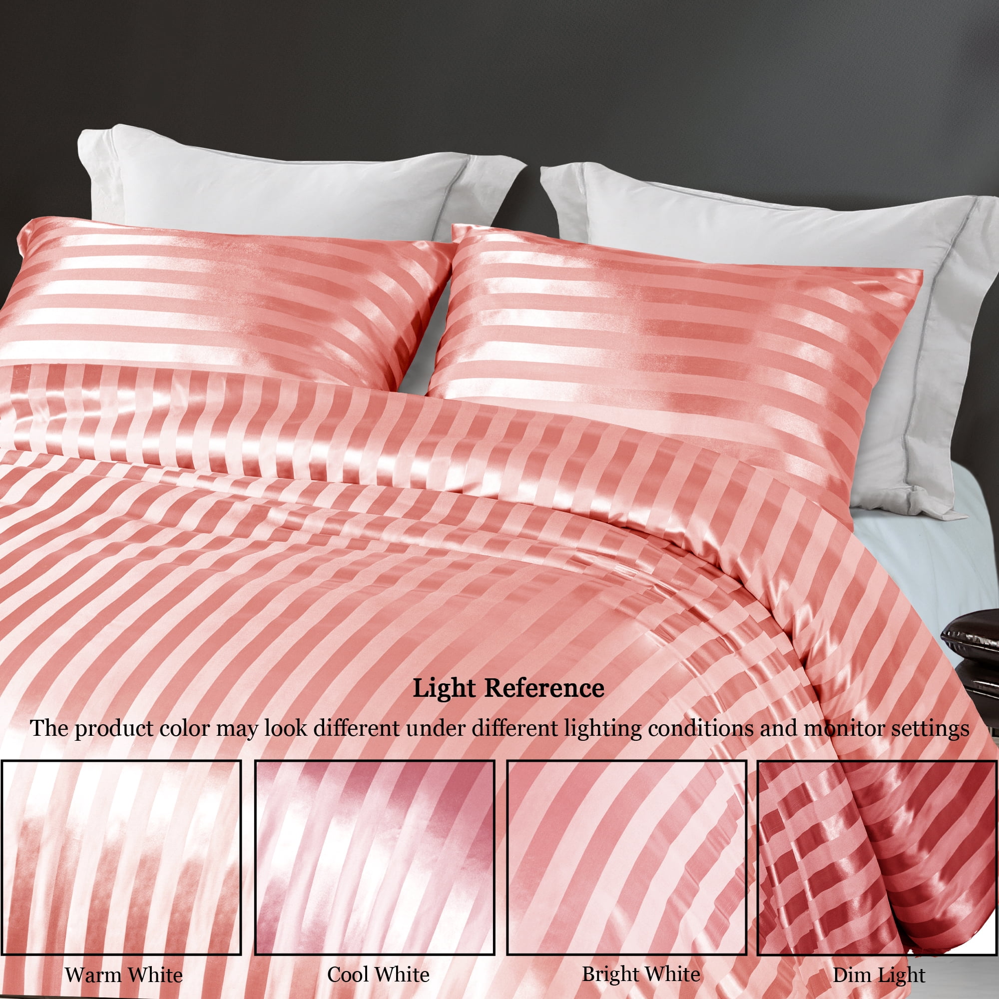 Whale Flotilla 3-Piece Luxury Stripe Satin Queen Size Comforter Set, Reversible Silky Soft Bedding Set with 2 Pillowcases, Lightweight All-Season Comforter, Pink