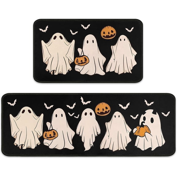 Ghosts Halloween Kitchen Rugs Set of 2, Non Slip Backing Spooky Kitchen Mats for Floor Holiday Rug Halloween Decor for Home Party Gifts 17"X47" 17"X30"