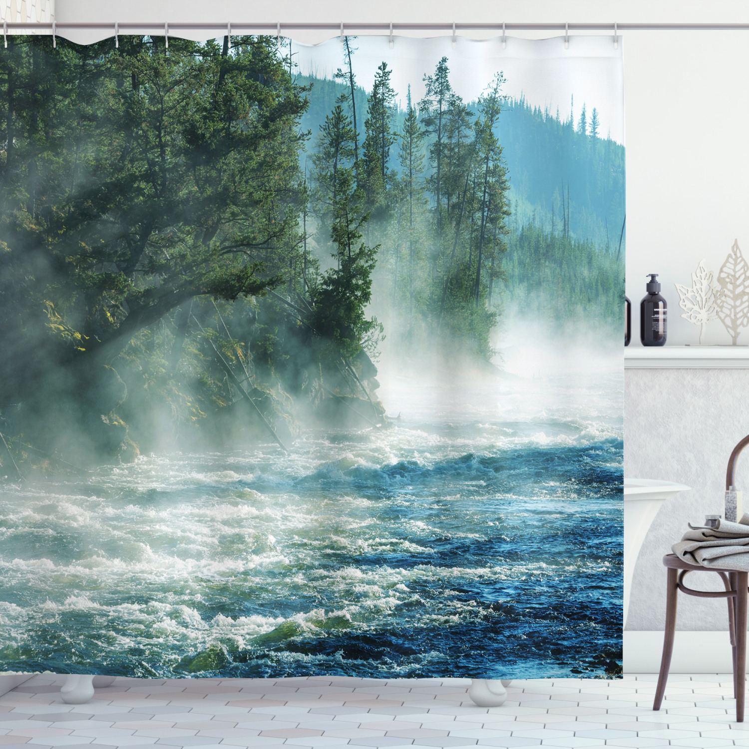 Yellowstone Decor Shower Curtain, Fog on River Alpine Trees by the Bank