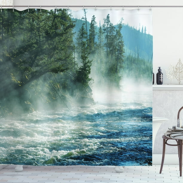 Yellowstone Decor Shower Curtain, Fog on River Alpine Trees by the Bank
