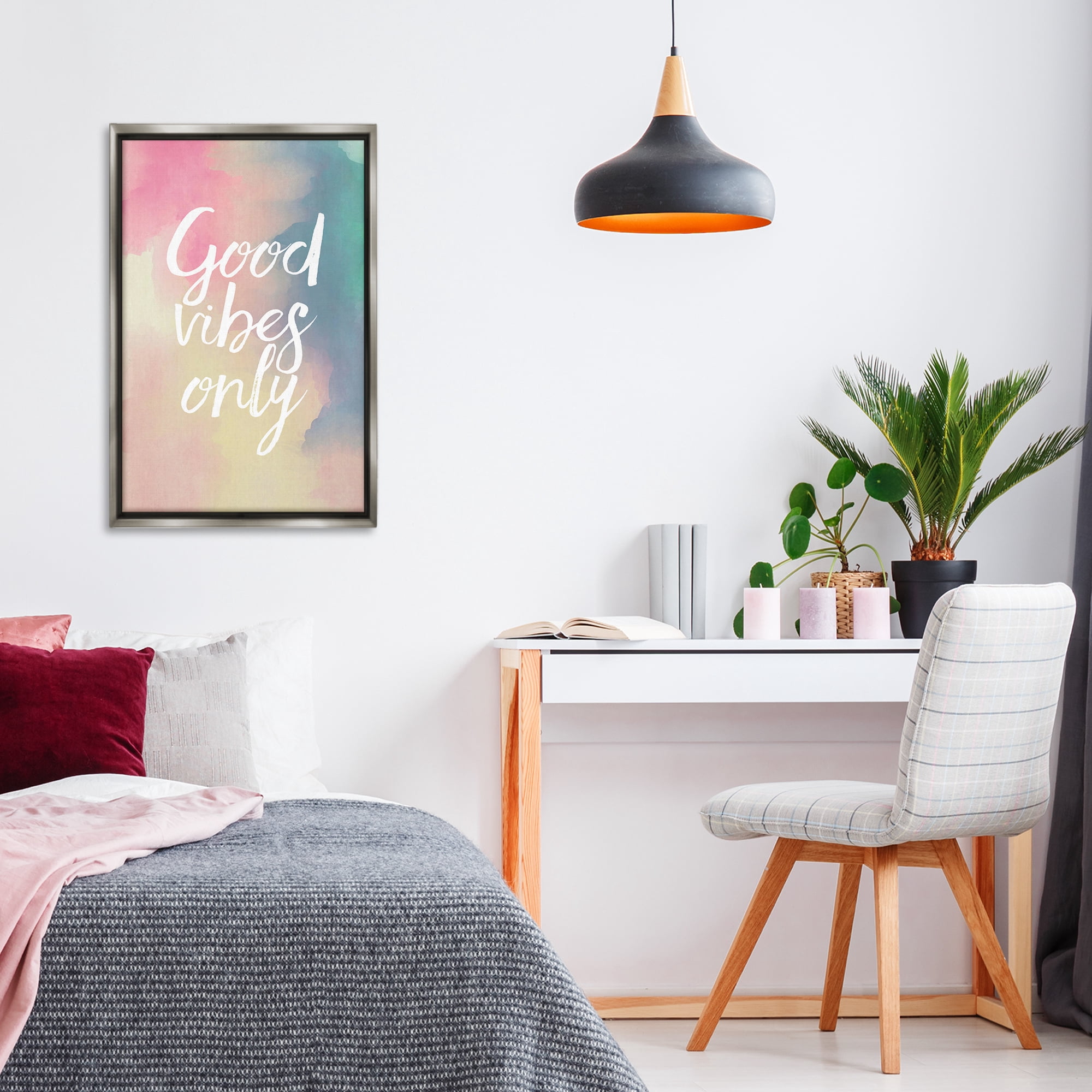 Stupell Industries Good Vibes Only Ombre Typography Painting Gray Floater Framed Art Print Wall Art, 21 x 31