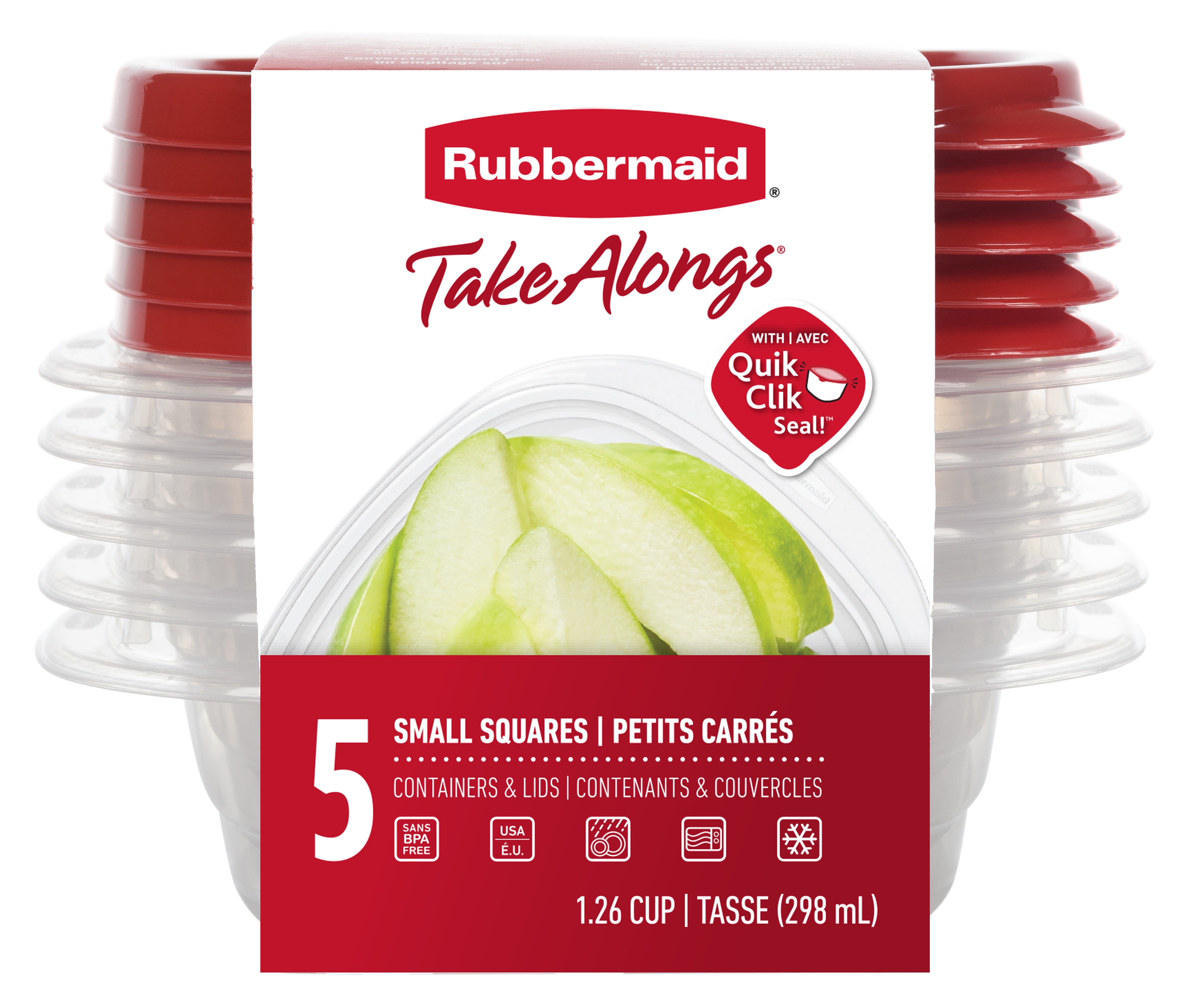 Rubbermaid TakeAlongs Square Food Storage Containers, 298 mL (1.26 Cup), Ruby Red, 5 Pack, BPA-Free