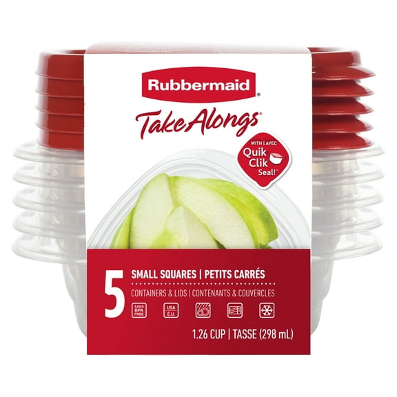 Contenants carrés pour la conservation des aliments Rubbermaid TakeAlongs à emporter, couvercles rouge rubis, 298&nbsp;ml (1,26&nbsp;tasse), paquet de 5