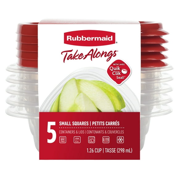 Rubbermaid TakeAlongs Square Food Storage Containers, 298 mL (1.26 Cup), Ruby Red, 5 Pack, BPA-Free