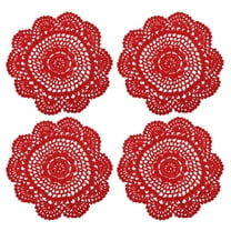 Fabric Coasters, 4pack 8" - Cotton Woven Crochet Doilies, Lace Embroidery Placemats with Floral Pattern (Red)