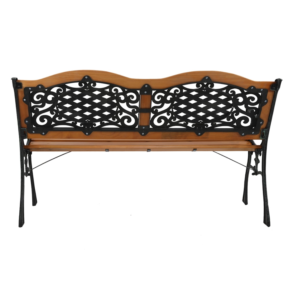 49" Garden Bench, Outdoor Patio Park Chair, Hardwood Slats Cast Iron Frame Seat, A