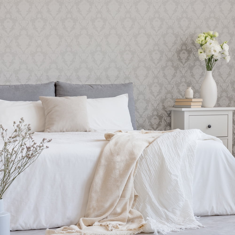 Tempaper Textured Damsel Metallic Platinum Peel and Stick Damask Wallpaper, 20.5" x 16.5'
