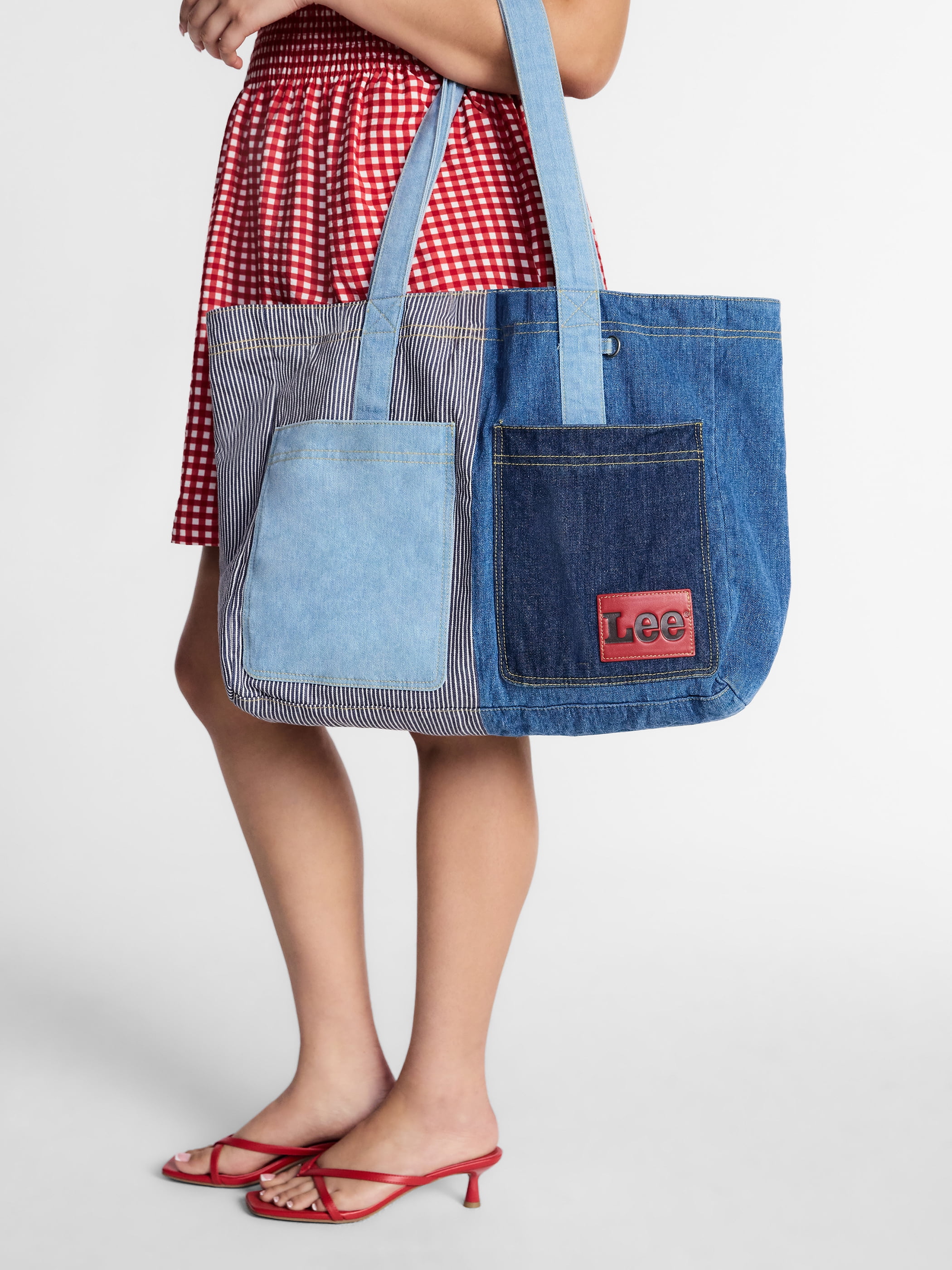 Kacey Lee Women's Denim Tote Bag, Hickory Stripe and Patchwork