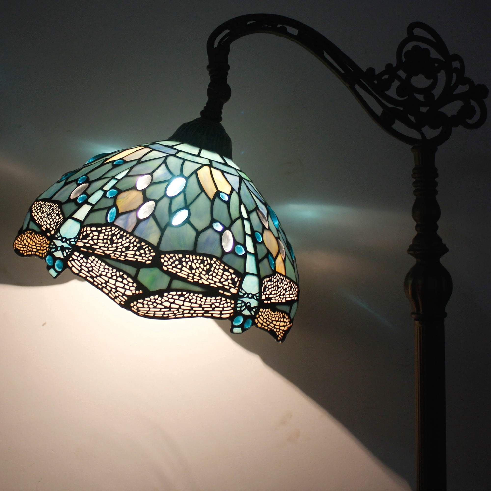 WERFACTORY 64" Victorian Bronze Antique Floor Lamp with Stained Glass Multicolor Dragonfly Bowl