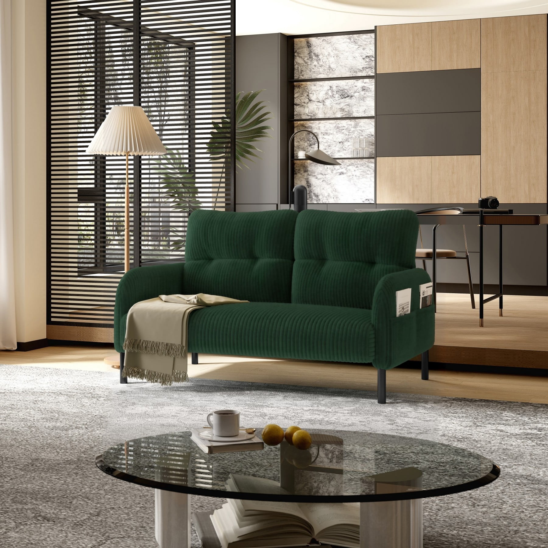Corduroy Loveseat Sofa, Modern Upholstered Double Sofa Couch with Side Pockets for Living Room Bedroom Apartment, Emerald