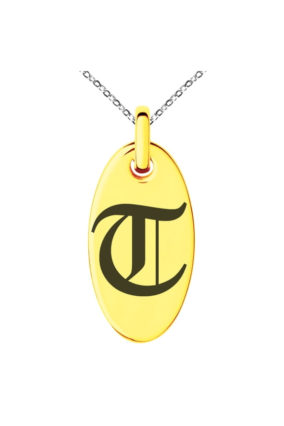 Stainless Steel Letter T Initial Old English Monogram Engraved Small Oval Charm Pendant Necklace