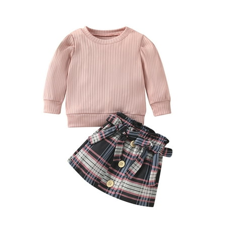

Frobukio Kids Little Girls 2Pcs Outfits Solid Color Ribbed Round Neck Long Sleeve Tops + Buttons Bowknot Plaid Skirt Pink 1-2 Years
