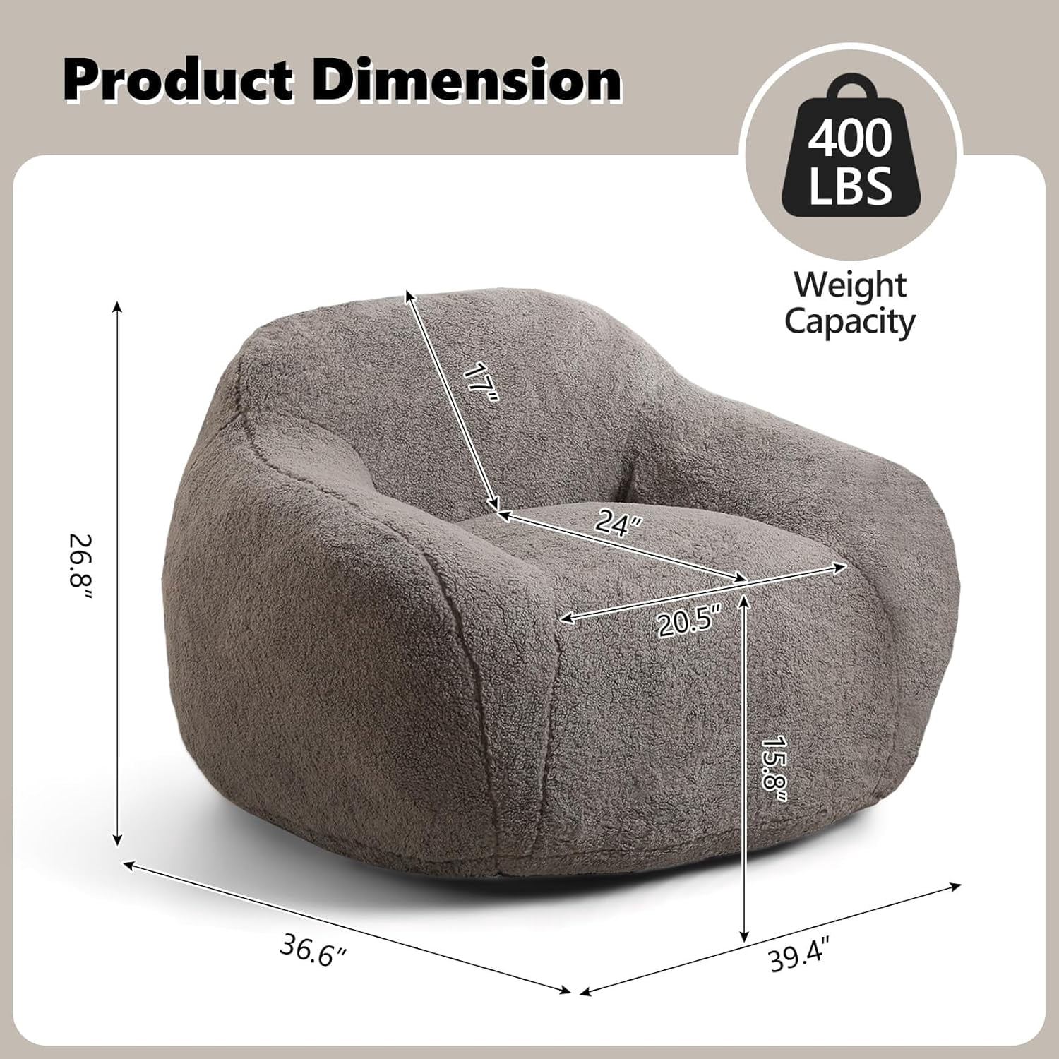 Beanbag Chair, Bean Bag Chair with Filler, Adult Bean Bag Chair for Living Room, Cozy Beanbag Chair for Adults with Filling (Sherpa Fleece Fabric in Light Gray, 39.4" Wx36.6 Dx26.8 H)