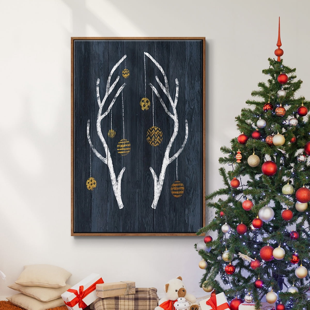 Antlers & Ornaments - Framed Gallery Wrapped Holiday Canvas - 27 x 41 - Rosewood Frame