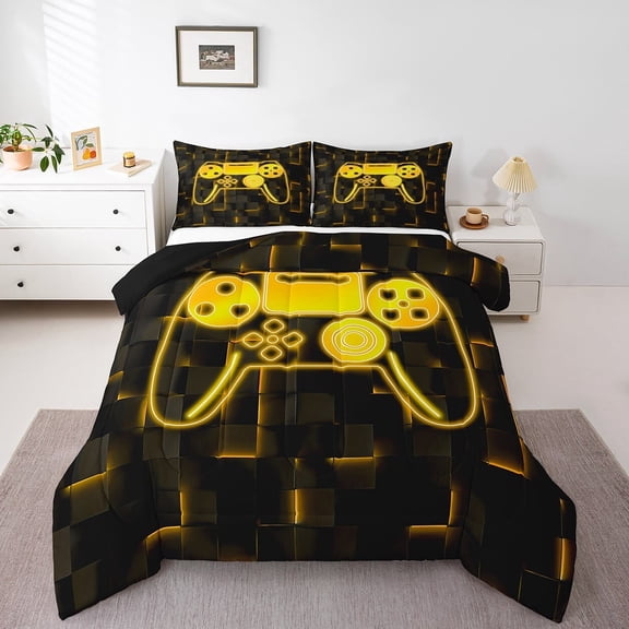 Erosebridal Video Game Bedding Twin Comforter Set,Black Golden Down Comforter,Futuristic Cubes Bedding Sets Twin with Comforter,Microfiber Gamepads Room Decorative,Reversible,3pcs