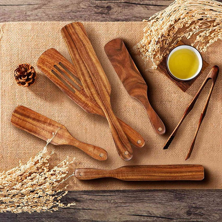 Natural Teak Wood Spurtle, Heat Resistant Cooking Set