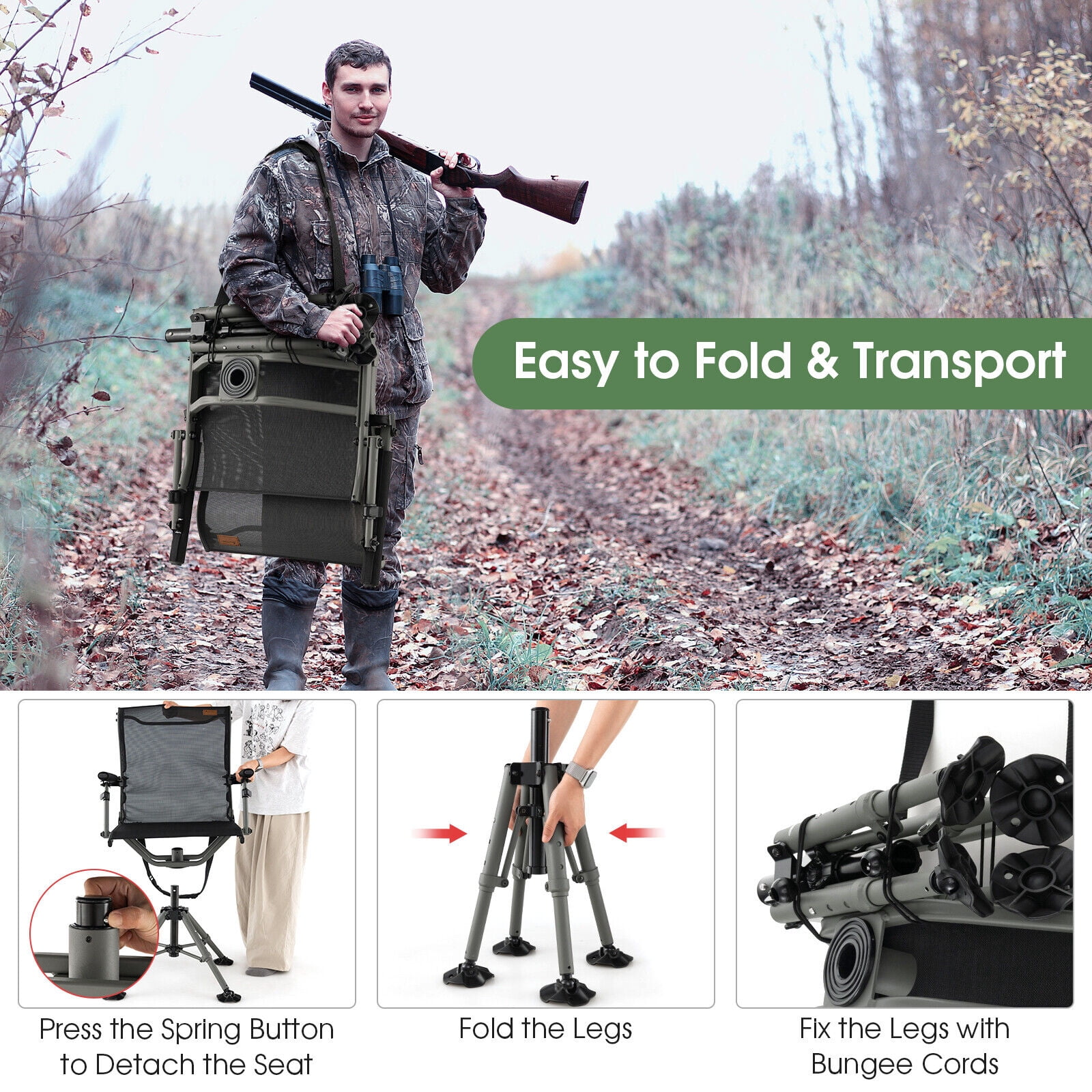 Amijoy 360 Degree Silent Swivel Hunting Chair, Folding Height Adjustable Hunter Chair w/All-terrain Feet Pads, Padded Armrests, Portable Blind Chair