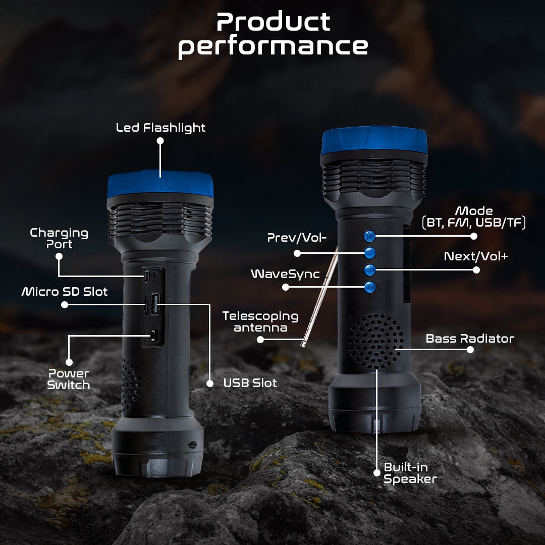 Audiobox FSL-200 Solar Rechargeable Flashlight with Bluetooth Speaker, FM Radio, TWS, and LED Light – Portable for Camping, Hiking, Travel Blue